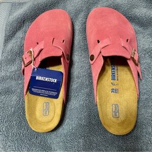 Birkenstock Boston Pink Suede Softbed Clogs